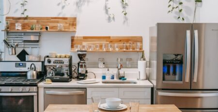 Modern kitchen interior with hanging plants and appliances.