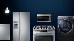 Modern kitchen appliances set against dark background.